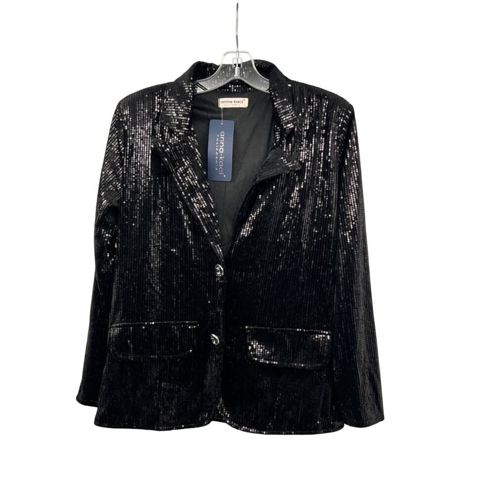 Anna-Kaci Womens Sequined Blazer Button Up Black Collared Size Small New